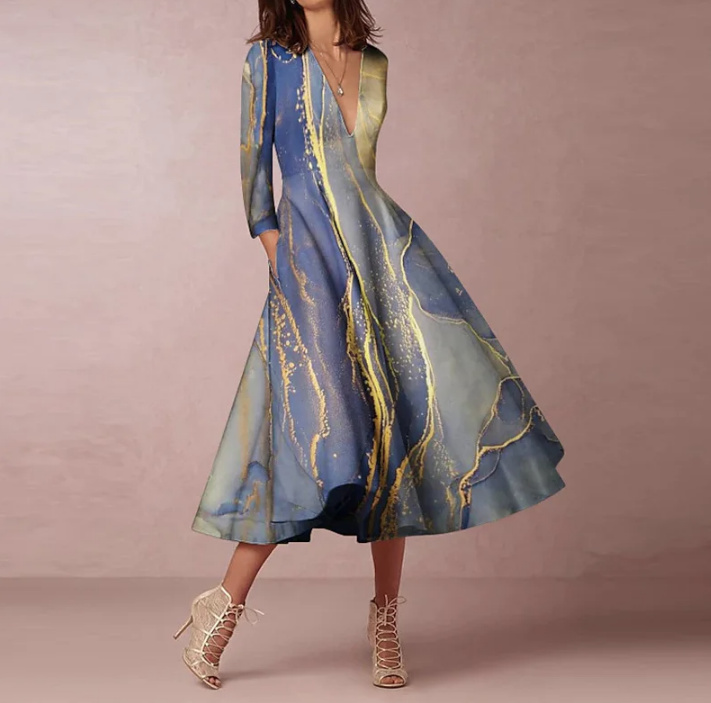 Elegantes Langarm Kleid Brenna Wadenlang mit V Ausschnitt in Blau Gold