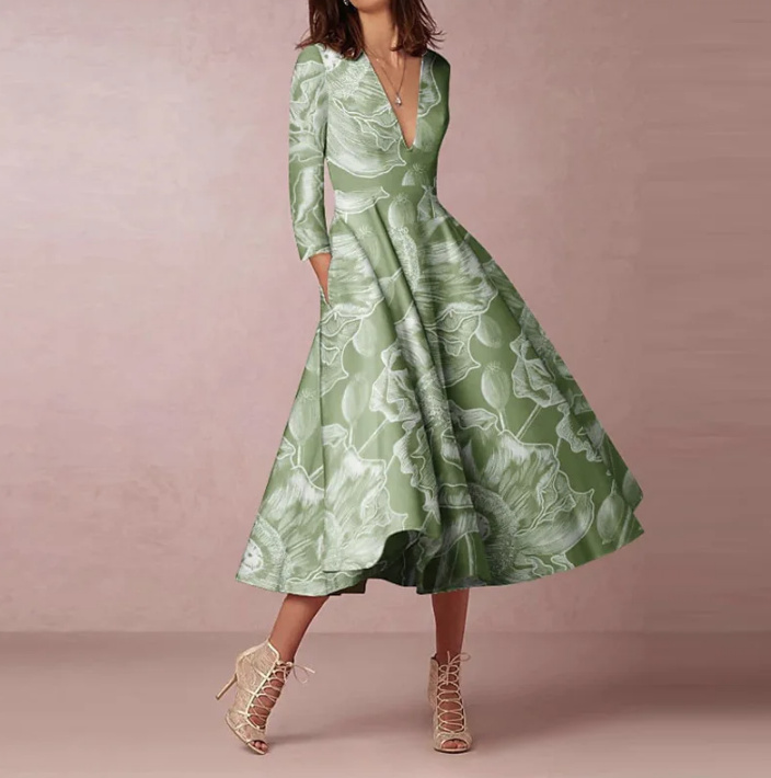 Elegantes Langarm Kleid Brenna Wadenlang mit V Ausschnitt in Hellgrün mit Blumenmuster