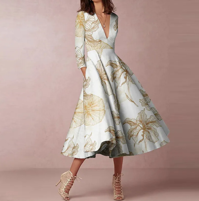 Elegantes Langarm Kleid Brenna Wadenlang mit V Ausschnitt in Weiß Gold