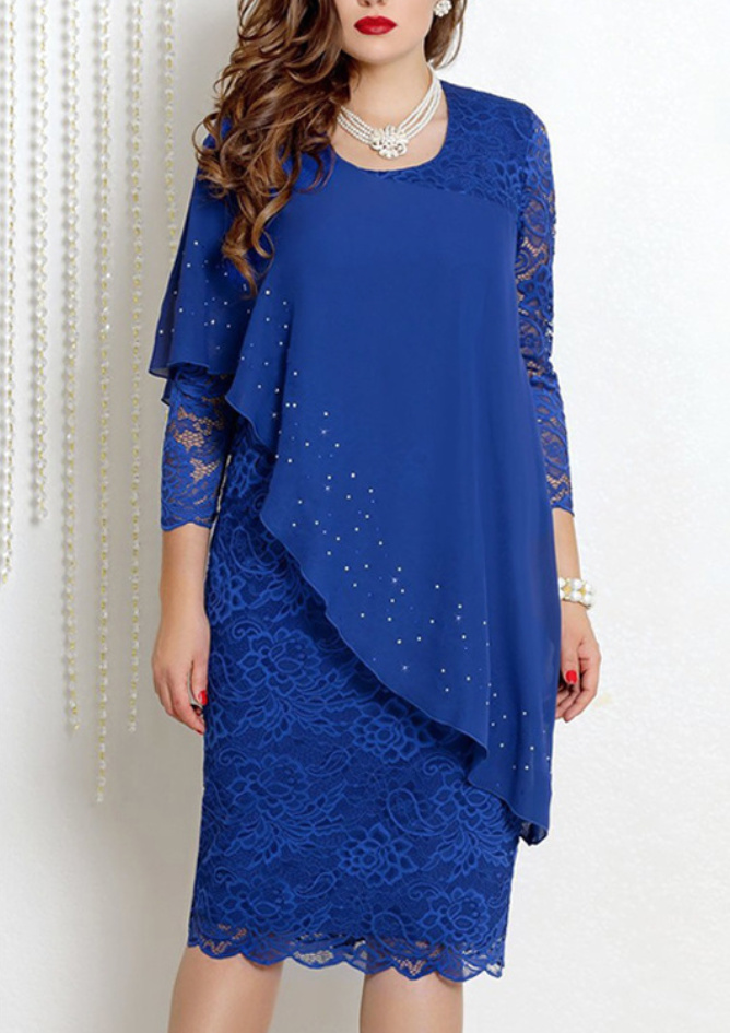 Elegantes Langarm Kleid mit Spitze in Blau Knielang
