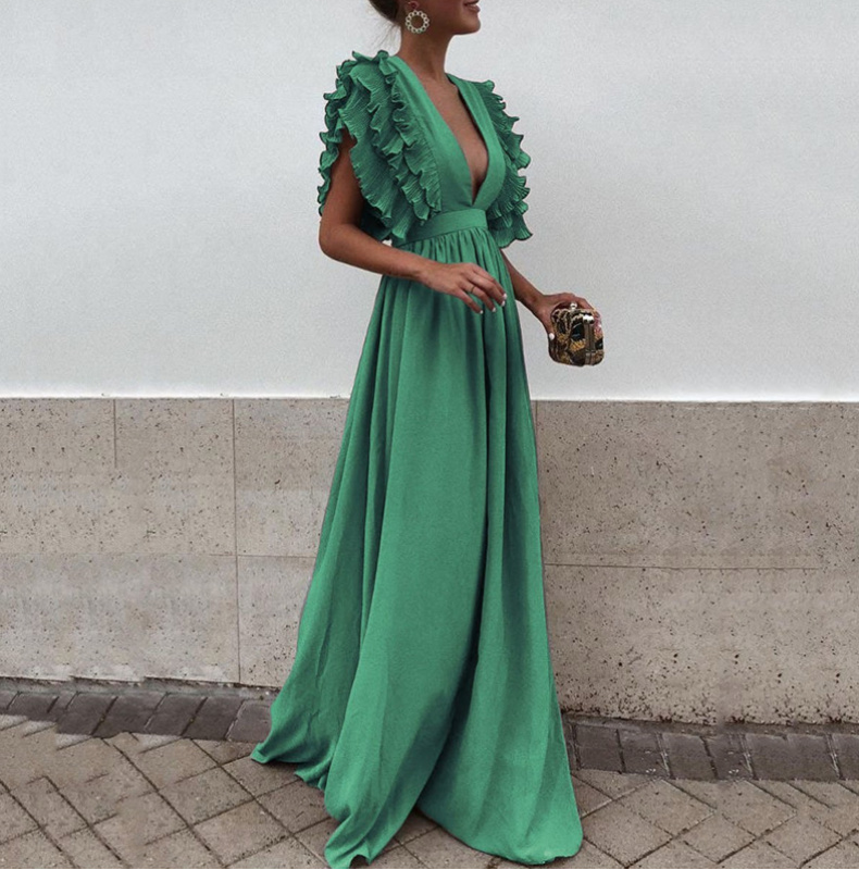 Elegantes Maxi Kleid Bodenlang mit Rüschen und Sexy V Ausschnitt in Grün