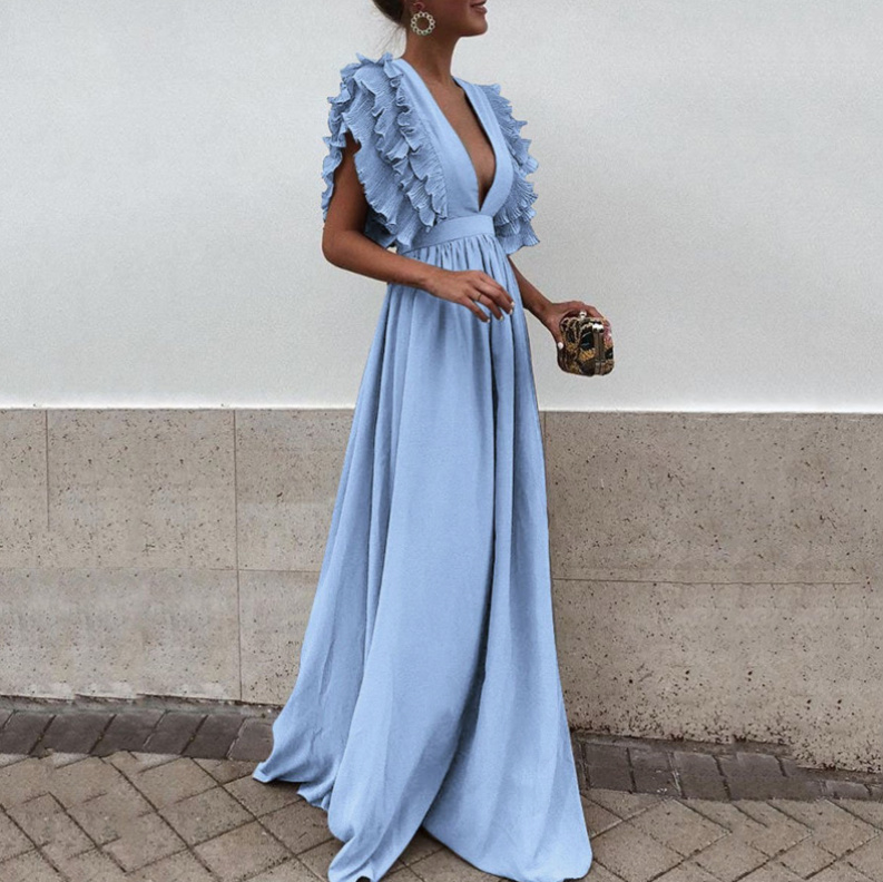 Elegantes Maxi Kleid Bodenlang mit Rüschen und Sexy V Ausschnitt Hellblau