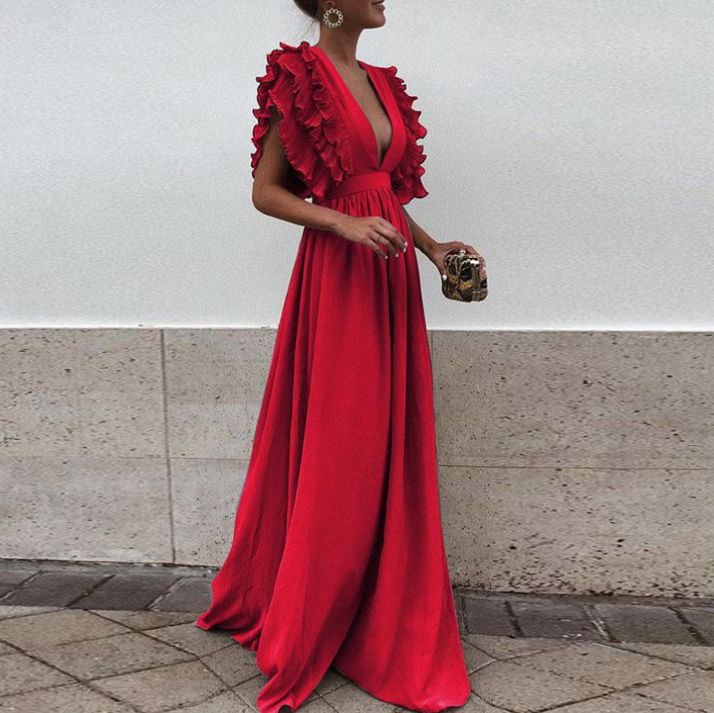Elegantes Maxi Kleid Bodenlang mit Rüschen und Sexy V Ausschnitt Rot