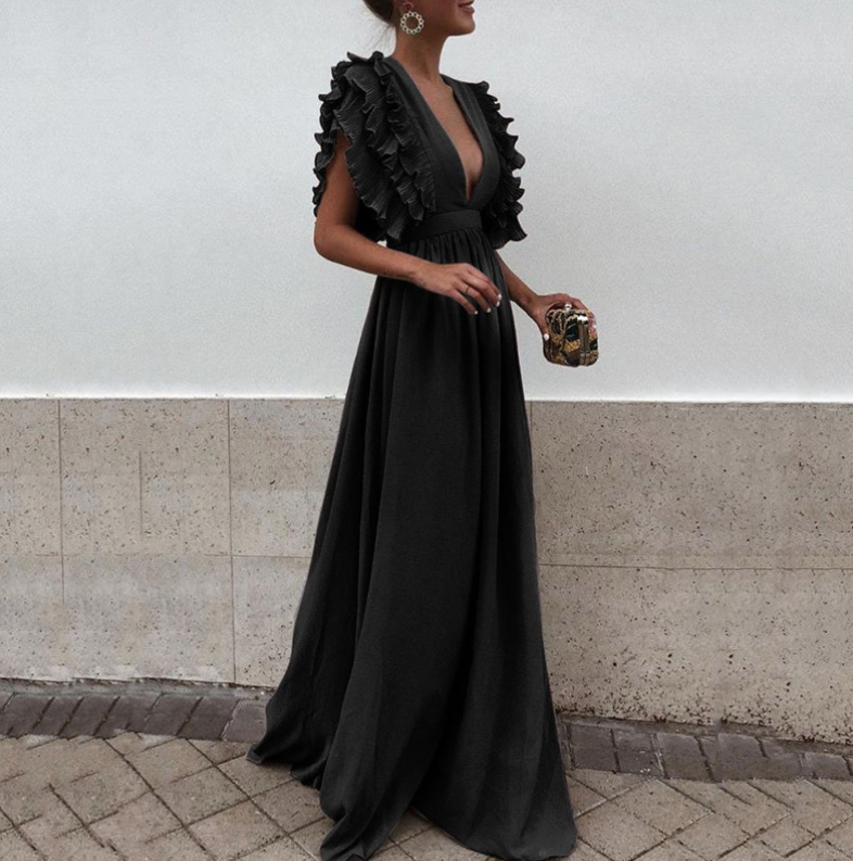 Elegantes Maxi Kleid Bodenlang mit Rüschen und Sexy V Ausschnitt Schwarz