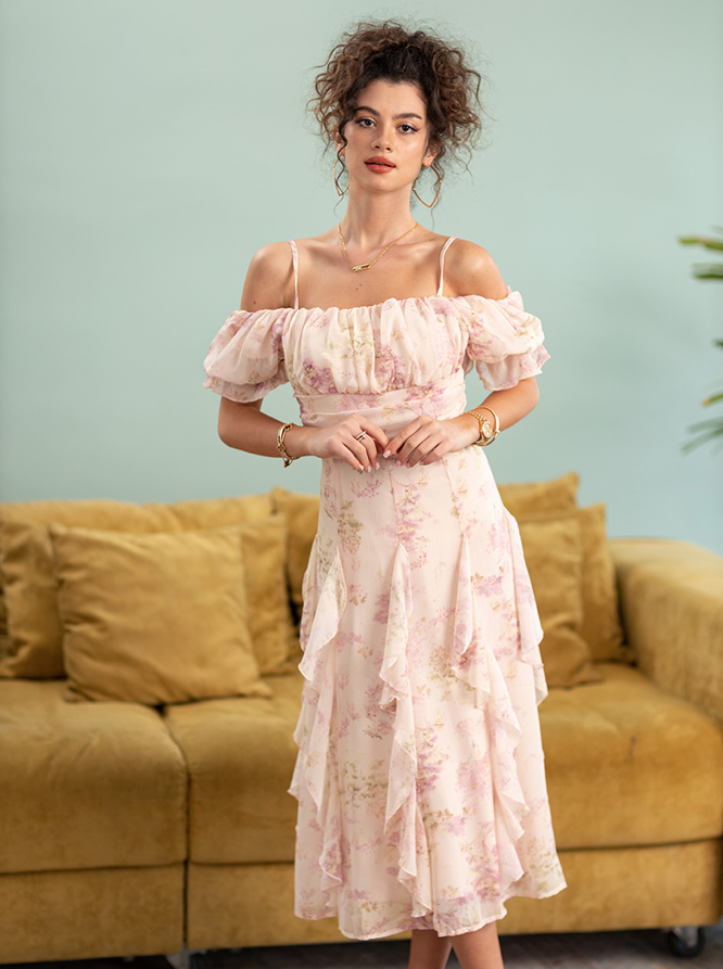 Elegantes Sommer Chiffon Kleid Wadenlang in Rosa mit Blumenmuster