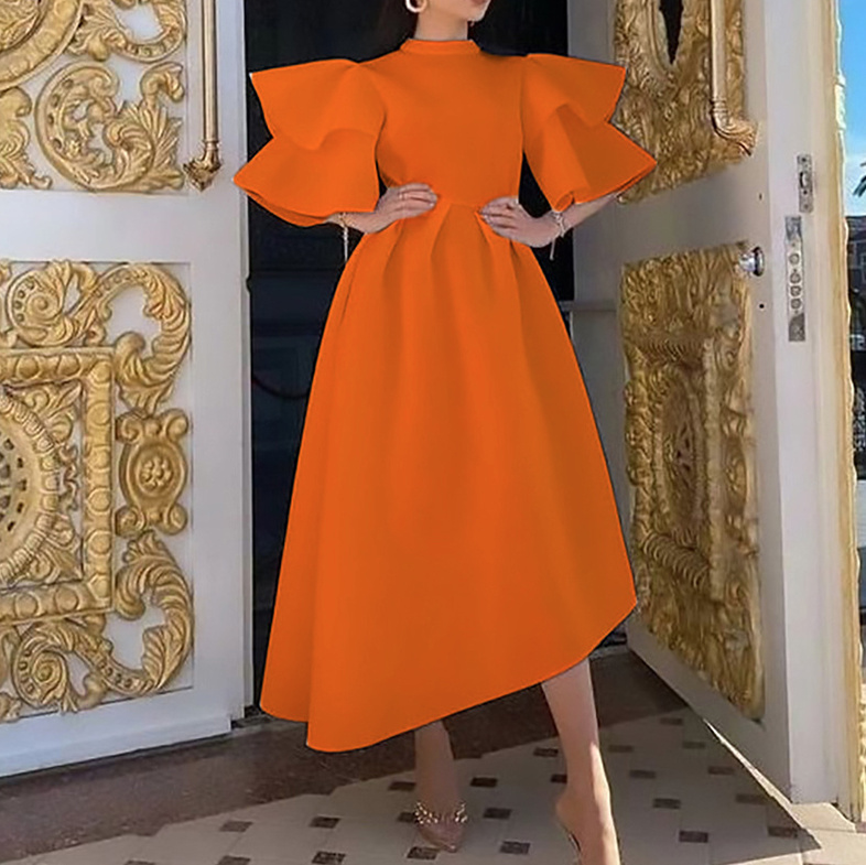 Elegantes Sommerkleid mit Rüschenärmel Asymmetrisch in Orange