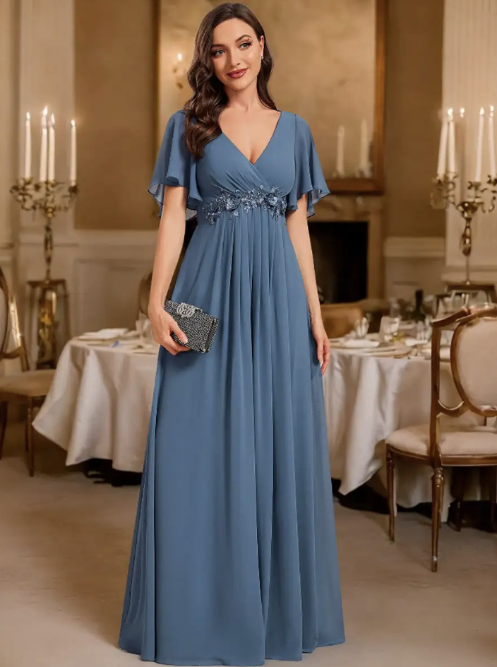 Babydoll Kleid Festlich Chiffon Abendkleid mit V Ausschnitt in Blau 