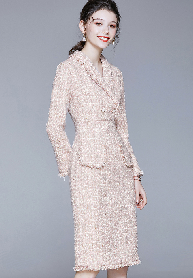 Frühling/Herbst Tweed Kleid Elegant in Rosa Knielang