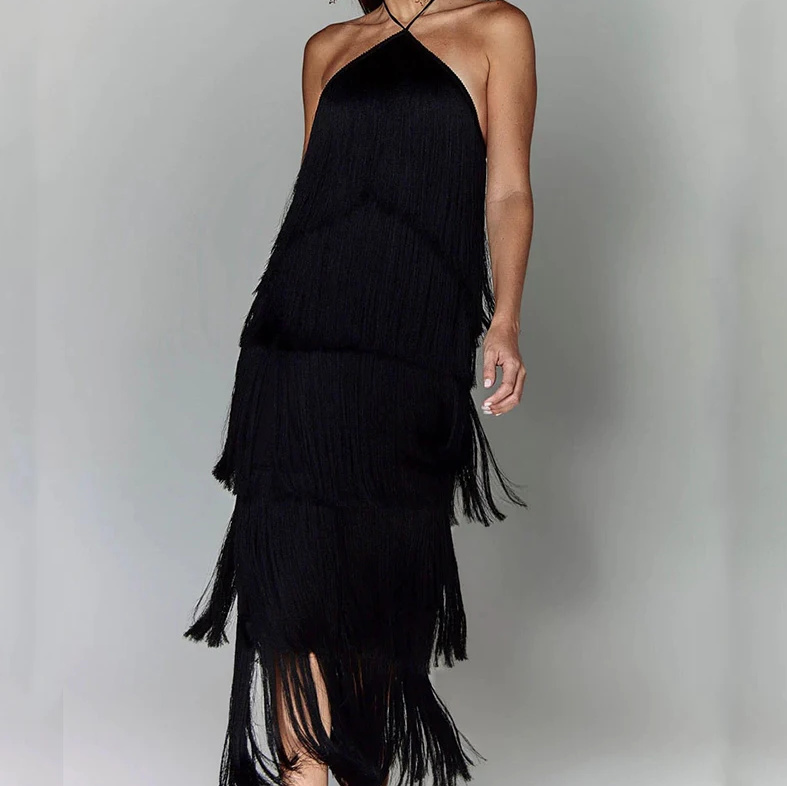 Gatsby Style Party Kleid mit Neckholder Träger Lang in Schwarz