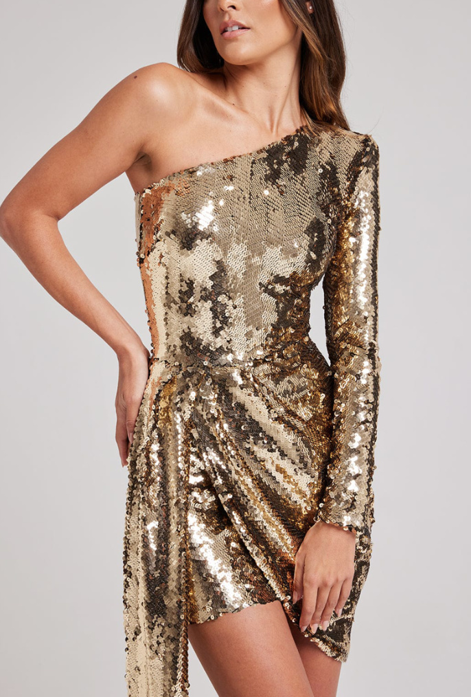 Glitzer Mini One Shoulder Party Kleid in Gold