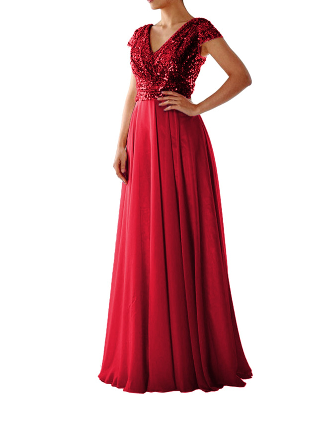 Glitzer Patchwork A-Linie Abendkleid Lang Elegant in Rot