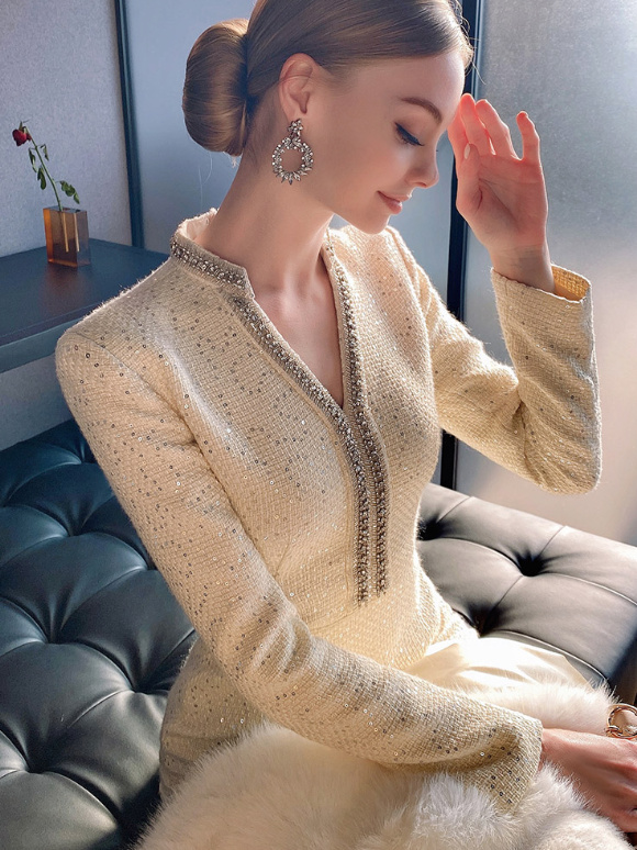 High-End Langarm Bleistift Tweed Kleid Elegant Knielang in Champagne