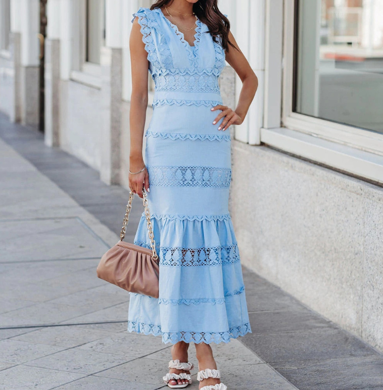 I-Linie Boho Kleid mit Spitze Knöchellang Elegant in Hellblau