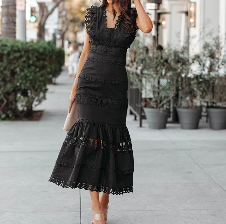 I-Linie Boho Kleid mit Spitze Knöchellang Elegant in Schwarz