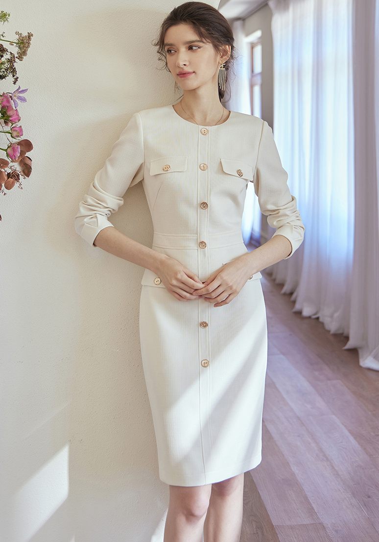 I-Linie Langarm Kleid Elegant in Weiß mit Knöpfe