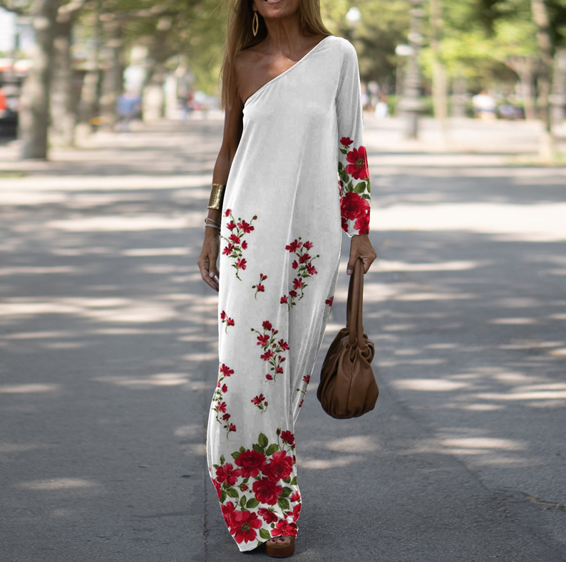  I Linie One Shoulder Sommerkleid Lang Weiß mit Blumenmuster Elegant