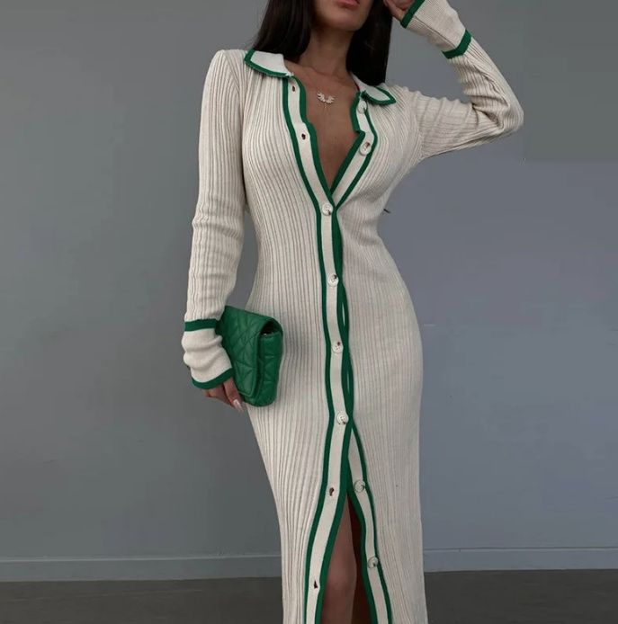  I Linie Strickkleid Winterkleid in Weiß mit Applikationen in Grün