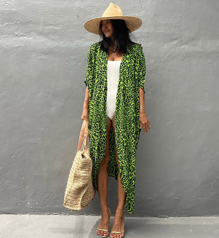 Kimono Style Beach Strandkleid Lang in Grün Leo Muster