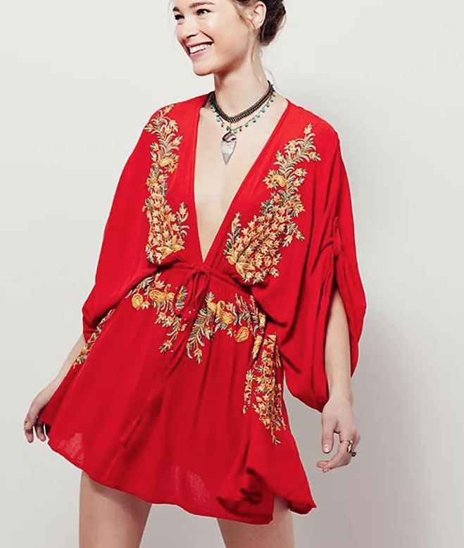 Kimono Style Bohr Sommerkleid mit Stickereien und Sexy V Ausschnitt Kurz Rot 
