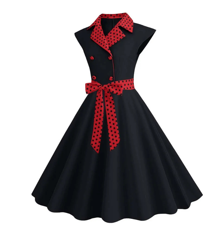 Kurzarm A Linie Rockabilly Kleid Knielang Gepunktet mit Schärpe Schwarz Rot