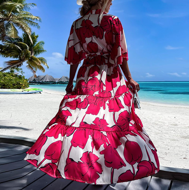 Kurzarm Blusen Kleid Sommerkleid in Weiß Rot Lang