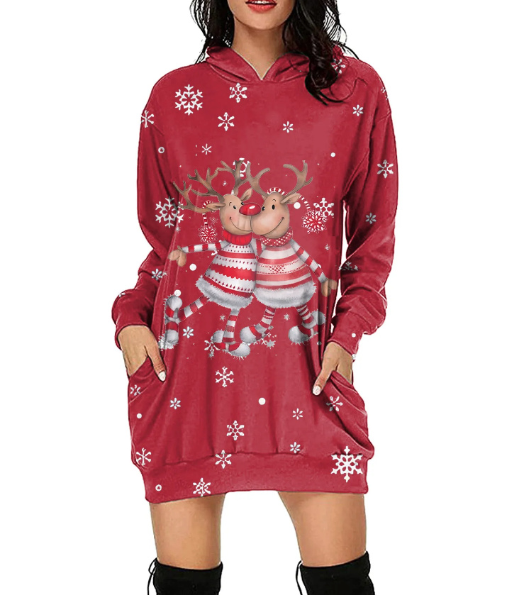Kurzes Langarm Sweaterkleid mit Weihnachtsmotiv Zwei Elche Rot Gradiert