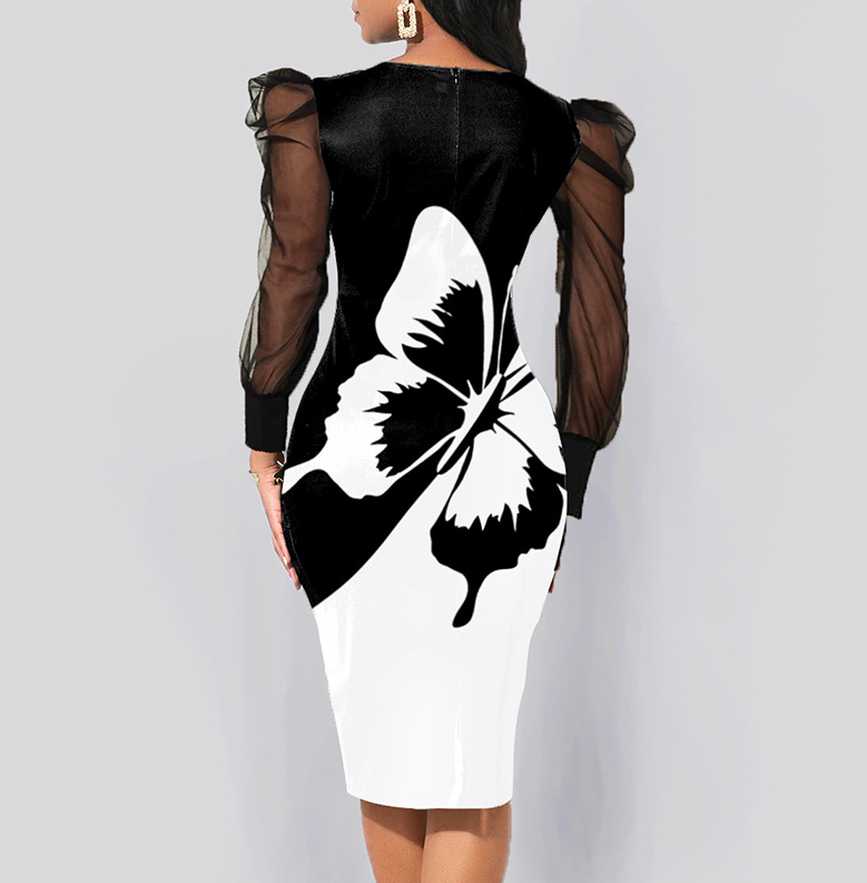 Langarm Bleistift Kleid Elegant mit Schmetterling und Tüll Ärmel Schwarz Weiß
