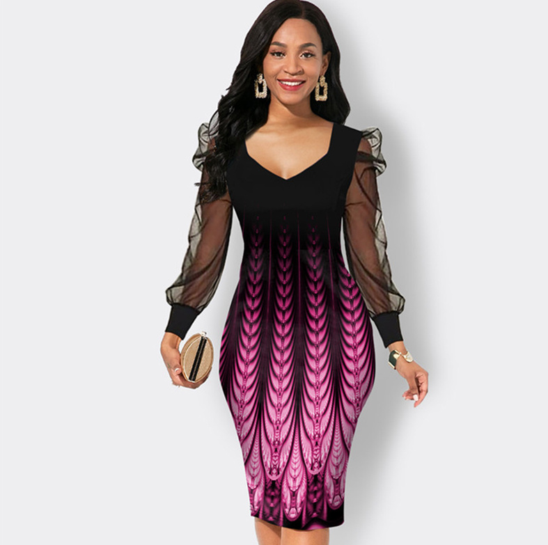 Langarm Bleistift Kleid Elegant mit Tüll Ärmel in Schwarz Pfau Muster Pink