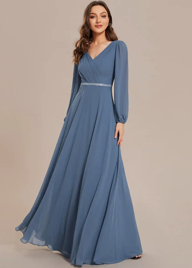 Langarm Chiffon Abendkleid Bethany mit V Ausschnitt Elegant in Blau