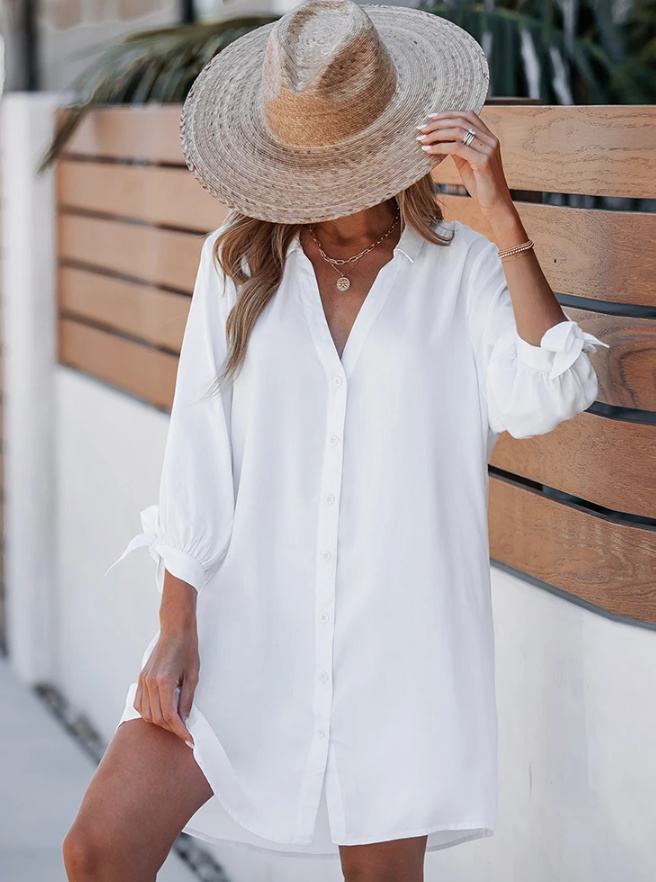 Langarm Cover Up Beach Strandkleid Blusenkleid Kurz in Weiß