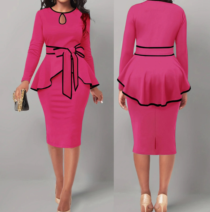 Langarm Etui Bleistift Kleid 2024 Knielang in Pink mit Gürtel und Rüschen