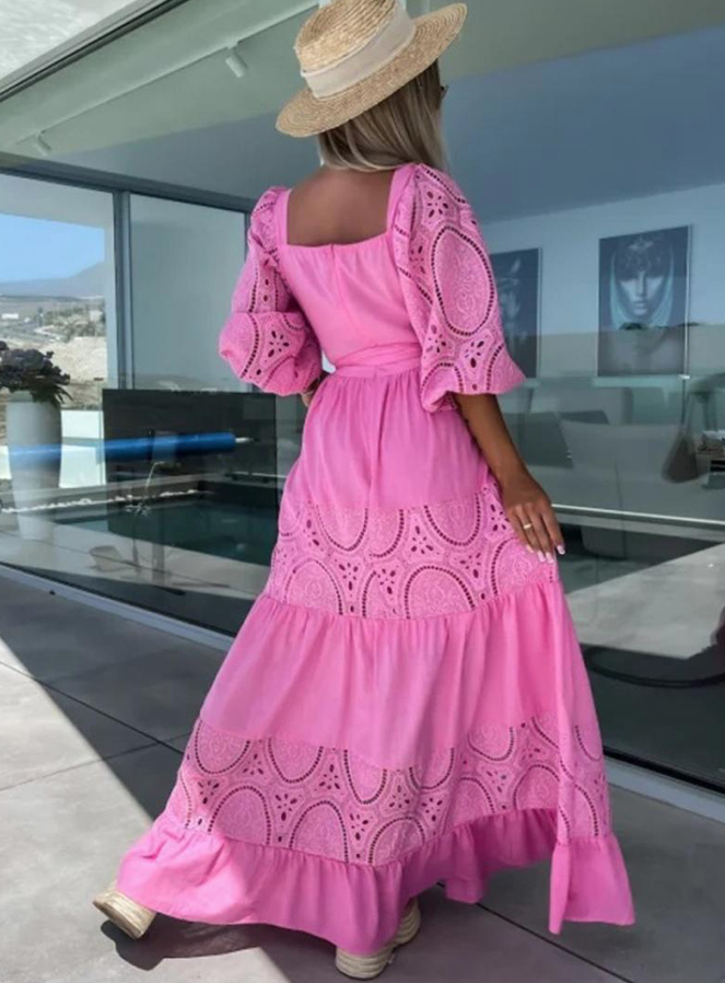 Langarm Maxi Boho Sommerkleid mit Schleife und Spitze in Pink