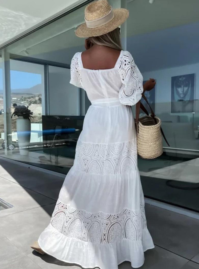 Langarm Maxi Boho Sommerkleid mit Schleife und Spitze in Weiß