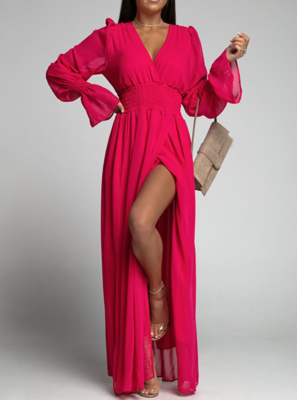 Langarm Maxi Sommerkleid Elegant mit V Ausschnitt in Rot