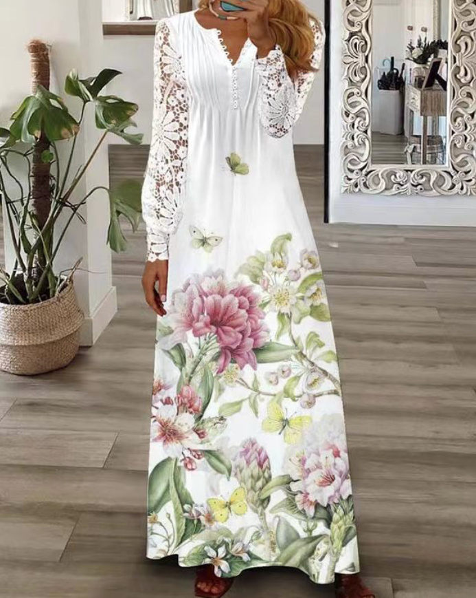 Langarm Maxi Sommerkleid mit Spitzen Ärmel in Weiß mit Bunte Blumen