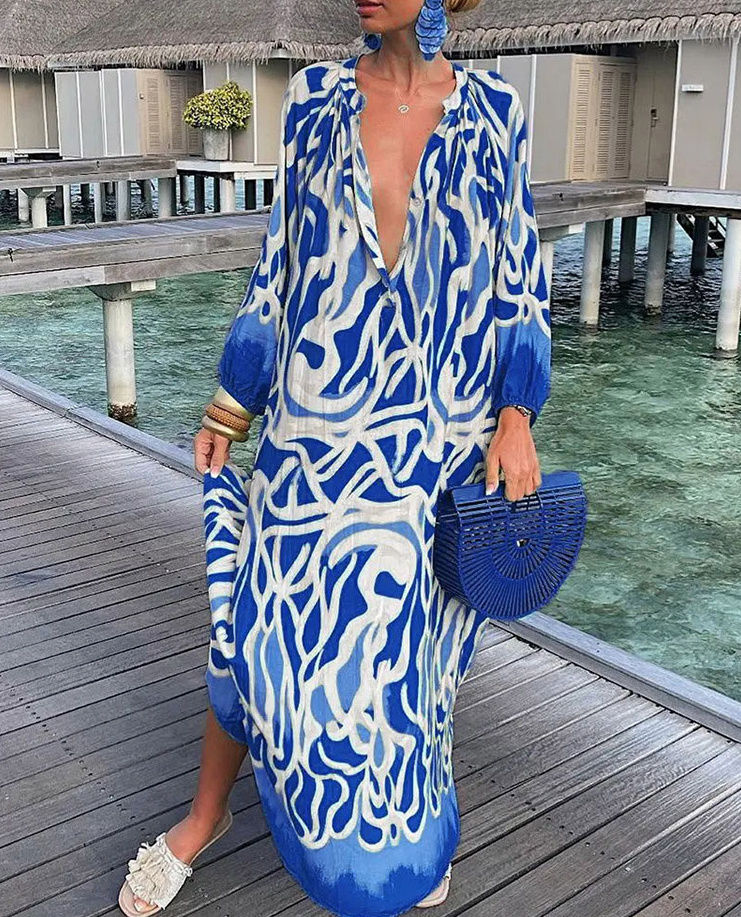 Langarm Maxi Strand Sommerkleid in Blau Weiß
