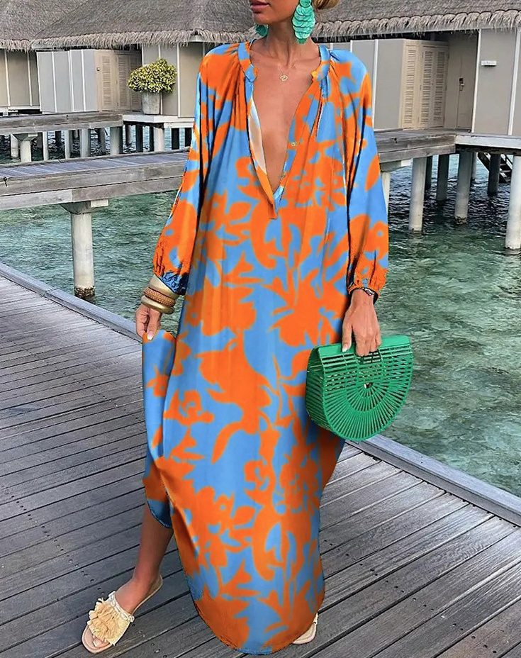 Langarm Maxi Strand Sommerkleid in Orange Blau
