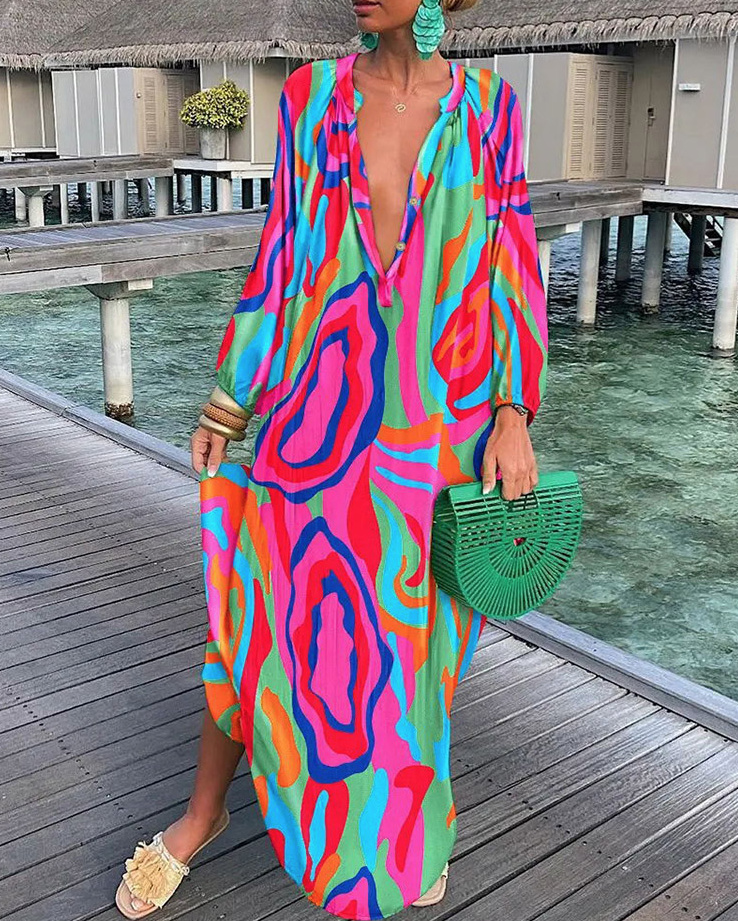 Langarm Maxi Strand Sommerkleid mit Muster