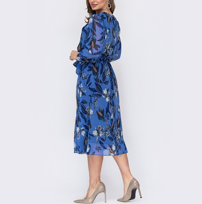 Langarm Midi Chiffon Kleid Elegant in Blau mit Blumenmuster