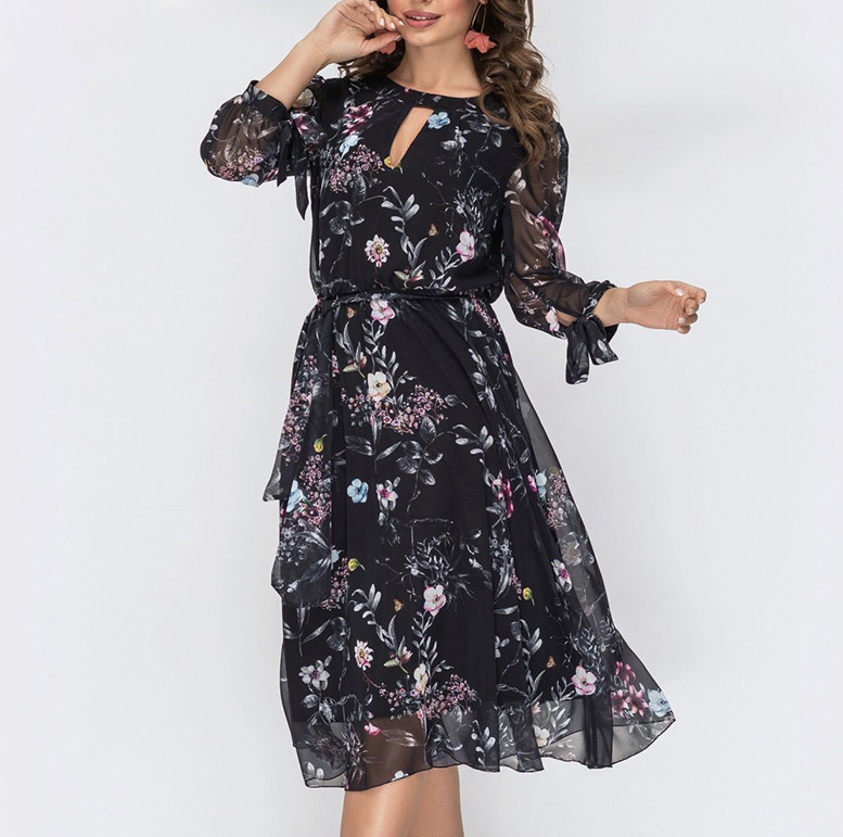 Langarm Midi Chiffon Kleid Elegant in Schwarz mit Blumenmuster