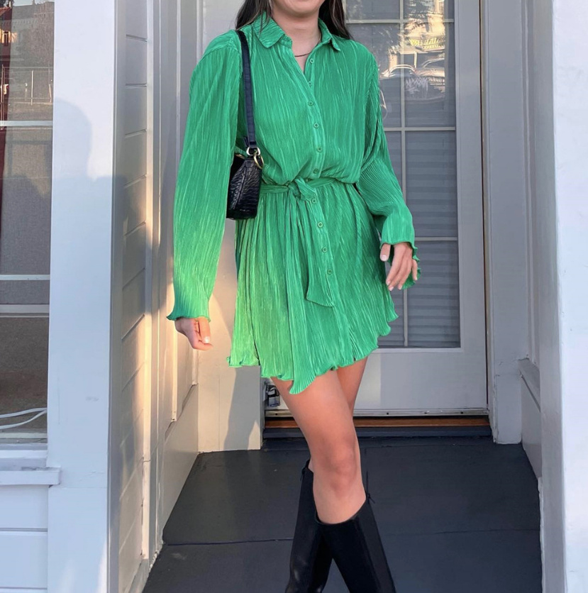 Langarm Mini Blusenkleid zum Binden in Grün