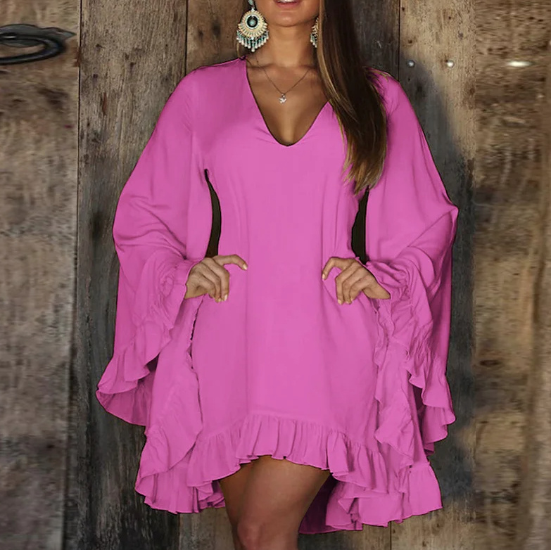 Langarm Sommerkleid Leilai Kurz in Pink mit Fledermaus Ärmel und V Ausschnitt
