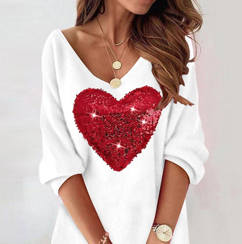 Langarm Sweater Kleid Kurz in Weiß mit Pailletten Herz 