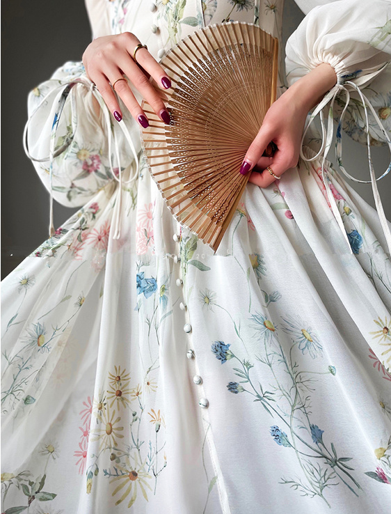 Langarm Vintage Chiffon Kleid Elegant in Weiß mit Blumenmuster Lang