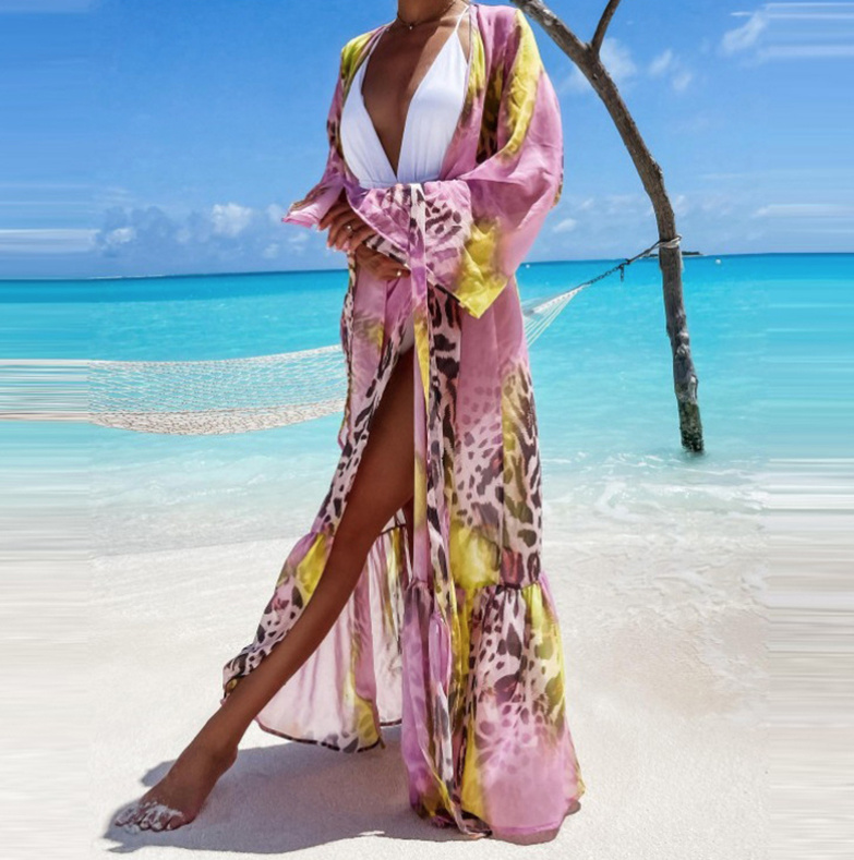 Langes Kimono Style Sommer Strandkleid Rosa mit Leo Muster