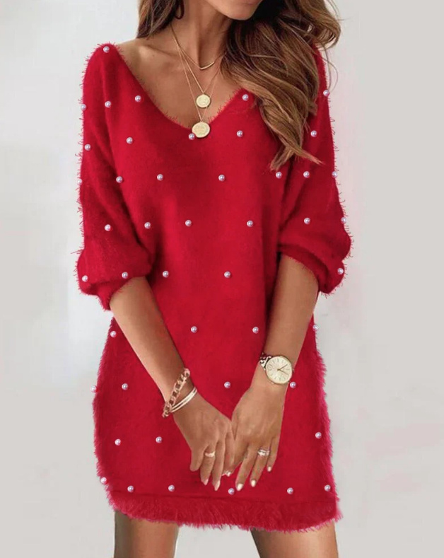Lässiges Langarm Mini Kleid mit Perlen in Rot