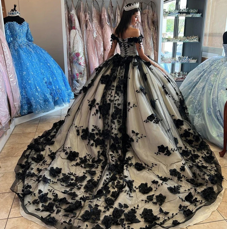 Luxus Prinzessin Abendkleid Ballkleid Minna in Silber Schwarz mit Blumen