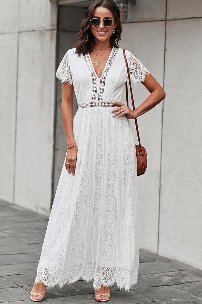 Maxi Boho Sommerkleid aus Spitze Lang in Weiß
