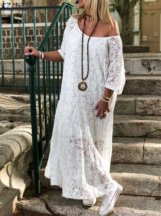 Maxi Boho Sommerkleid aus Spitze Lang in Weiß mit Ärmel