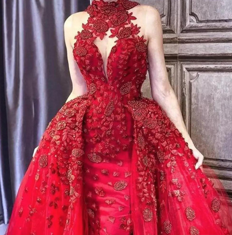 Meerjungfrau Abendkleid mit Tüll Rock und Spitze in Rot